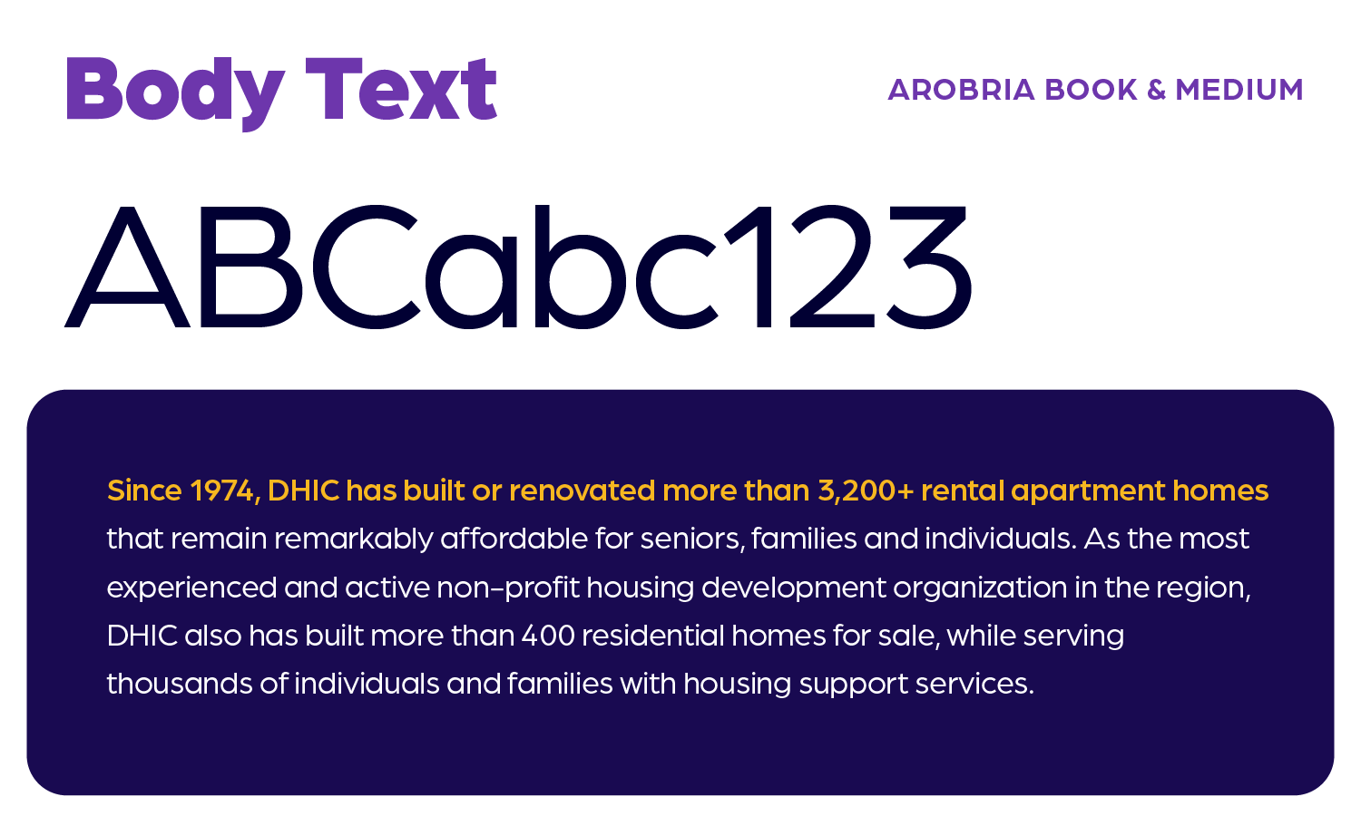 An overview of the DHIC body text font, Arboria Book & Medium with examples.