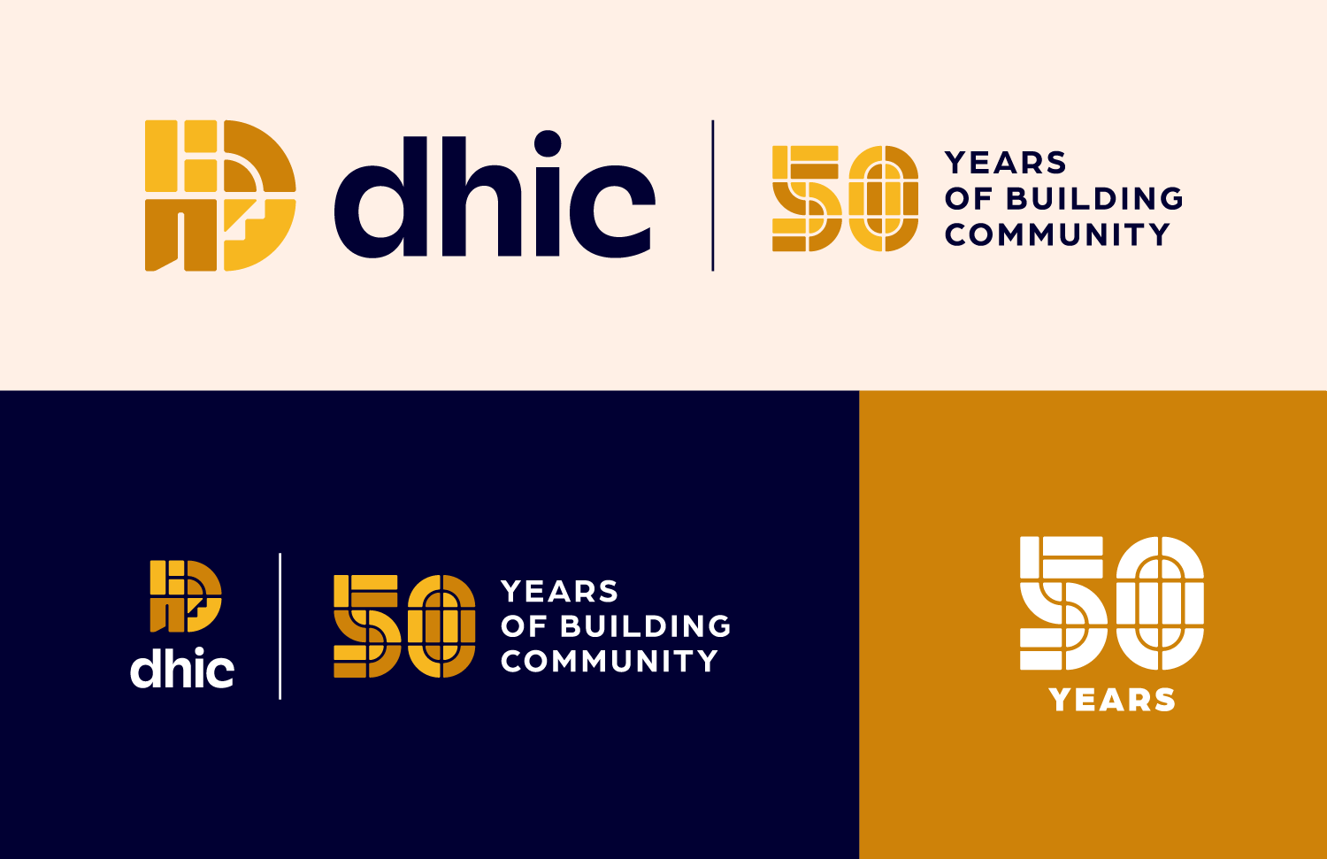 A grid of the various 50th Anniversary logos for DHIC with the tagline of '50 years of community building'
